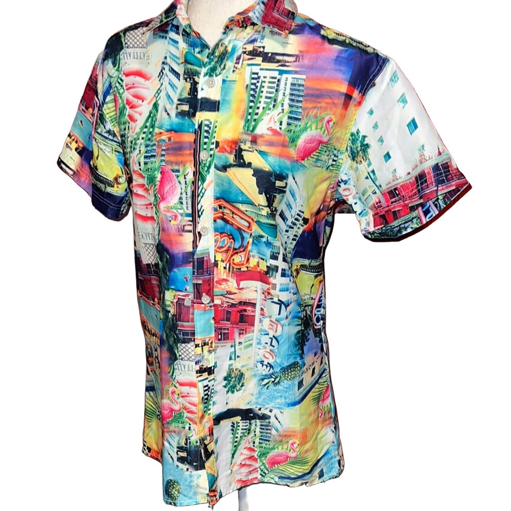 Surf Society Red and Blue Casual Button Down Shirt Casino Flamingo Vented M